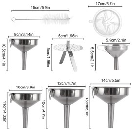 ASelected 5 Piece Stainless Steel Funnel Set Funnel Stainless Steel Kitchen Funnel with Handle Jam Funnel with Strainer Filter Cleaning Brush for Transferring Liquids Oil Juice Jam Powder