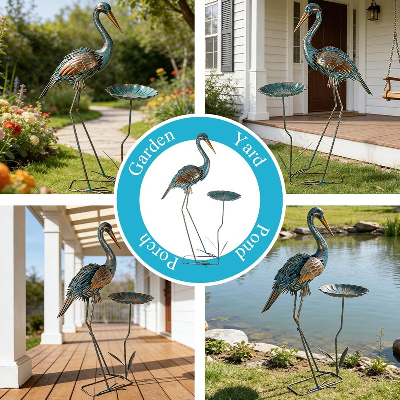 giole Metal Crane Garden Statue for Outside with Leaf Tray