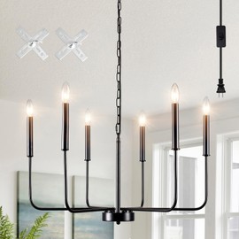 Plug in Chandelier Lighting with Long Cord Black 6 Light Modern Farmhouse Hanging Lights with Plug in Cord 17.06ft & Switch Candle Plug in Pendant Light Fixture for Dining Room Entryway Living Room