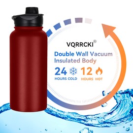 VQRRCKI 32 oz Insulated Water Bottle with Straw Lid & Wide Mouth Lids, Stainless Steel Sports Water Bottles, Double Walled Vacuum, Leak Proof, Red
