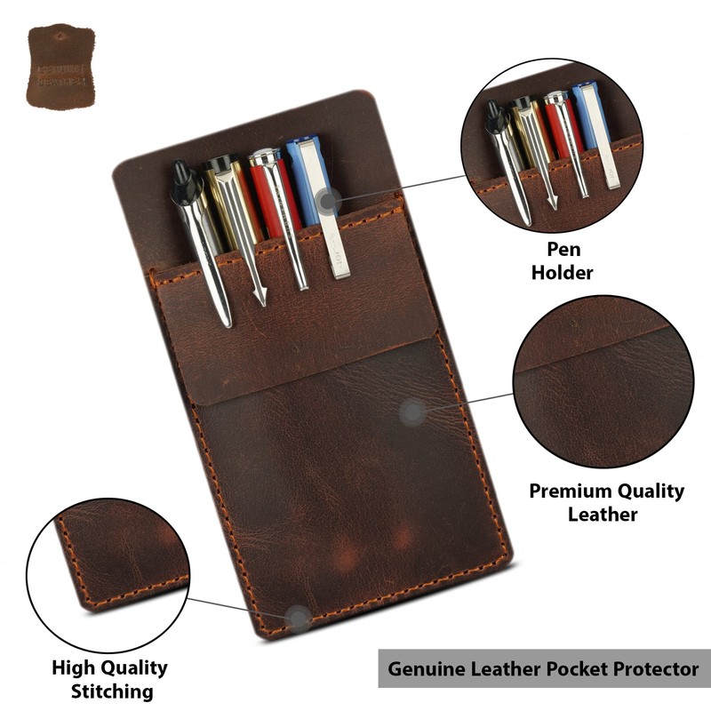 CestAntiQ Pocket Protector for Men, Full Grain Heavy Duty Leather
