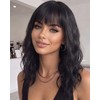 Medium Length Black Wig for Women with Bangs Wavy Hair