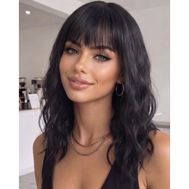 Medium Length Black Wig for Women with Bangs Wavy Hair Wig Daily Use
