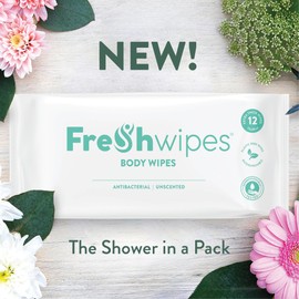 FreshWipes Body Wipes for Adults – 12 Pack - Unscented – Antibacterial – Removes Body Odour – Dermatologically Tested – Biodegradable – Compostable – Extra Thick – No Water Required