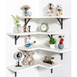 Corner Shelf Wall Mounted, Set of 4, Floating Shelves, Wall Shelf, Corner Hanging Shelves for Living Room, Kitchen and Bedroom (White Grey, 16.3 Inches)