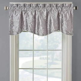 Royal Hotel Bedding Chloe Window Valance, Scalloped Decorative Design Floral Embroidered Lined Valance Window Curtain, 52x17 inches, Silver