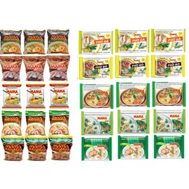 Mama Oriental Style instant noodles Mix Flavor Bundle Package Total 30 Packs (10 Flavor Mix, shrimp Tom Yum Flavor, shrimp creamy Tom Yum, Artificial PA-lo Duck, Artificial Chicken, Artificial Pork, Chand Clear Soup, Flat Noodle Clear Soup, Rice Vermicelli Clear Soup, Pho Ga Chicken, Pho Bo Beef ) 10 flavors 3 bags each total 30 bags,