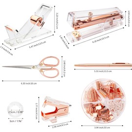 Rose Gold Desk Accessories, Office Supplies Set with Acrylic Stapler, Tape Dispenser, Staple Remover, Pen Holder, Scissor, Binder Paper Clips, 1 Ballpoint Pen, 1 Clear Tape and 1000pcs Staples