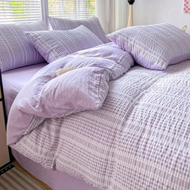 Guchuang Bedding Double Size Duvet Cover Set, Purple Seersucker Design 3-Piece Bedding Set - Soft Microfiber, Wrinkle-Resistant & Decorative Duvet Cover with Hidden Zipper (Double, 200x200cm)