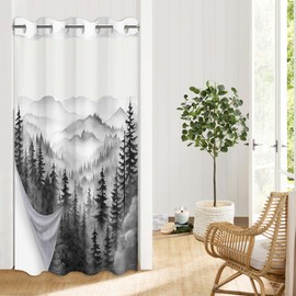 Forest Hookless Shower Curtain with Snap in Liner, Nature Mountain Woodland No Hook Double Layer Shower Curtain and Liner Set, Ringless with Window Waterproof Cloth Fabric, 60" W x 74" L