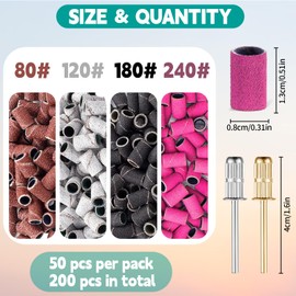 Pack of 200 Nail Cutter Attachments, Nail Cutter Bits 80/120/180/240 Grit, Cutter Attachments with 2 Pieces Nail Drill, for Grinding, Polishing, Trimming, Removing Nails and Dead Skin