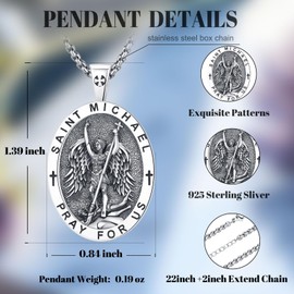 AUDINCEED St Michael Pendant for Men S925 Sterling Silver Saint Michael the Archangel Necklace Catholic Amulet Protection Religious Jewelry Gift