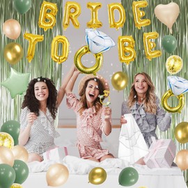 Bridal Shower Decorations Kit,Sage Green Bride To Be Decor Include Balloons Photo Props Fringe Curtain Sash for Bachelorette Party Decor Wedding Shower Decorations