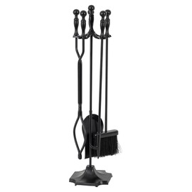 Modern Ember Cascade 5 Piece Fireplace Tool Set in Black | Includes Brush, Shovel, Fire Poker, Tongs, and Stand | Heavy Guage, Coated Steel | Heat-Resistant Plating | Sleek Rounded Handles