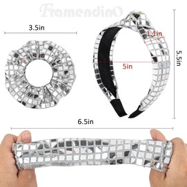 Framendino, 4 Pack Disco Headband Set Glitter Wide Knotted Headbands Metallic Sequin Hair Scrunchies for Women Bachelorette Party Gold Silver