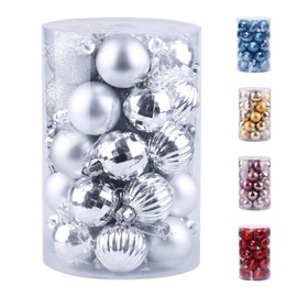Bondelid Christmas Tree Ornaments - Shatterproof Decorations, Mixed (Matte, Glitter, Shiny, Mirrored, Pumpkin-shaped) Plastic Balls, 34 Ct, 1.57in/4cm (Silver)