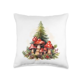 Cute Watercolor christmas holiday vintage shoppa Watercolor Mushrooms Christmas Tree Clipart Woodland Season Throw Pillow, 16x16, Multicolor