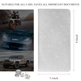 povtii Car Registration and Insurance Holder, Bling PU Leather Vehicle Card Document Glove Box Organizer, Waterproof License Registration Holder for Driver License Cards Documents (Glitter Silver)