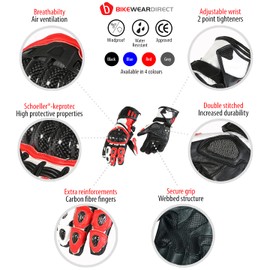 Texpeed Motorcycle Mens Leather Riding Gloves Motorbike Moped Biker Air Vented With CE Knuckle Armour Protection Red White Black - M