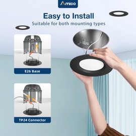 Amico 4 Pack 5/6 inch 5CCT LED Recessed Lighting, Dimmable, 12.5W=100W, 950LM, 2700K/3000K/4000K/5000K/6000K Selectable, Retrofit Can Lights with Baffle Trim, IC Rated - ETL & FCC, Black