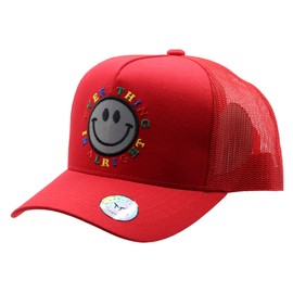 MU:KA: Smile Face Embroidery Trucker Hat Streetwear Vintage 5-Panel Trucker Hat Mesh Back Cap Snapback Graphic Hat (Red)