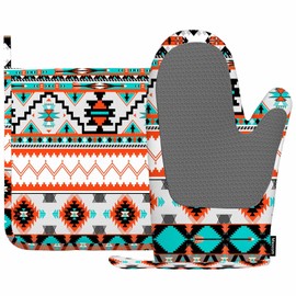 Mxocom Aztec Pattern Silicone Oven Mitts and Pot Holders Sets Geometric Ethnic Indigenous Tribal Colorful Striped BBQ Gloves for Kitchen,Cooking,Baking,Grilling