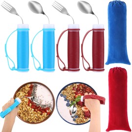 Teenyyou 4 Pcs Adaptive Utensils Set 360° rotatable Parkinsons Utensils Stainless Steel Spoon and Fork Weighted Utensils with Non Slip Easy Grip Handles and 2 Bags for Hand Tremors Parkinsons
