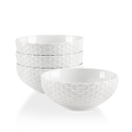 Buyajuju White Porcelain Small Bowls, 4.3 inch Honeycomb Grids Bowls for Ice Cream Yogurt Dessert Fruits 8 Ounce Bowl Set for Food Prep Rice Small Sid
