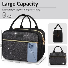 BAOGCOYO Lunch Bag For Women, Leakproof Glitter Lunch Box, Cute Lunch Tote Bag Adult, Large Capacity Insulated Reusable Cooler Lunch Containers for Work Travel Picnic or Office (Black Bling Sparkle)