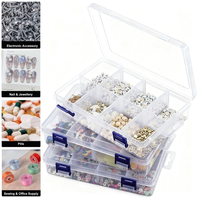 3Pcs Jewellery Storage Boxes, Bead Earring Clear Plastic Storage Boxes
