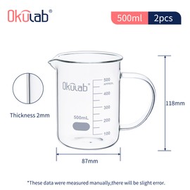 Okulab Glass Beakers with Handle, 2 Pcs 500ml 3.3 Borosilicate Glass Beaker Measuring Cups with Spout for Laboratories, Classrooms or Home, Lab Beakers, BKLGH500A2