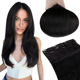 RUNATURE Clip-In Real Hair Extensions, Natural Black Hair Clip-In Real Hair Extensions, Straight Real Hair Clip-in Straight ExtensionsRemy Hair, 45 cm, 50 g, #1B