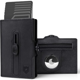 DODENSHA Airtag Wallet RFID Wallet with Cash Pocket, Mens Wallets Genuine Leather Slim Card Wallet with Airtag Holder, Metal Pop Up Wallet Credit Card Holder for Men with Coin Pocket & ID Window