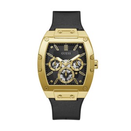 GUESS Men's Trend Multifunction 43mm Watch – Black & Gold-Tone Dial with Gold-Tone Polycarbonate Case & Flex Leather/Silicone Strap