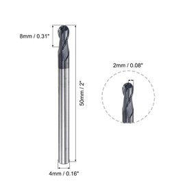 sourcing map Ball Nose End Mill 2mm Tip Radius Solid Carbide AlTiSin Coated CNC Router Bits 2 Flute Spiral Milling Cutter HRC45 with 4mm Shank 50mm (2-inch) Length