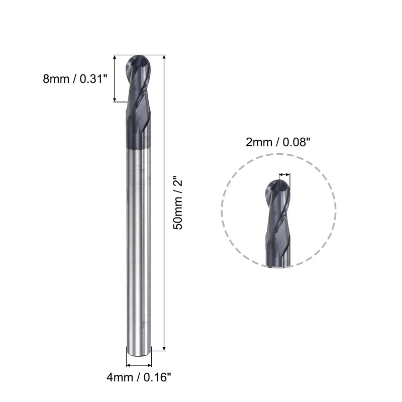 sourcing map Ball Nose End Mill 2mm Tip Radius Solid