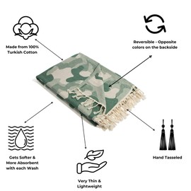 InfuseZen Camouflage Print Turkish Towel – Sand Free Quick Dry Thin Beach Peshtemal – 100% Organic Turkish Cotton - Absorbent Pool Hammam - Oversized Camo Gym, Travel Fouta (Green Camo)