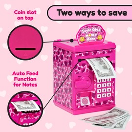 Style Girlz Digital Money Box For Girls - Electronic Kids Safe With Password - Kids Piggy Bank With Auto-Feed - ATM Cash Savings Box For Kids Age 3 +