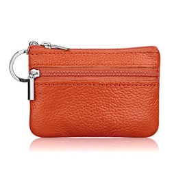 Hibate Mini Leather Coin Purse Holder Pouch for Women Men Kids with Zip Key Ring - Orange