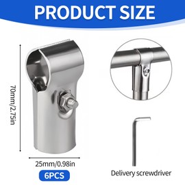 Pack of 6 T-Pipe Connectors, 25 mm, Structural Pipe Connectors, Chain Link Fence Clamp, Adjustable Stainless Steel Fence Clamp with Screws, Nuts for Chain Link Fence and Railing