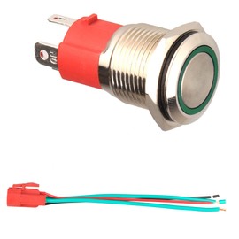 GUUZI 12V-24V/15A Momentary Push Button, NO Waterproof Green LED Illuminated 19 mm Metal Power Start Push Button with Socket Cable