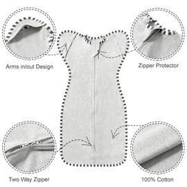 QUENESS Transitional Swaddle Sack, 2 Pack 100% Cotton Baby Sleep Sack with Arms Up, 2-Way Zipper Infant Swaddle Up for Newborn Baby Boys Girls (Light Green + Light Grey, M(3-6 Months))