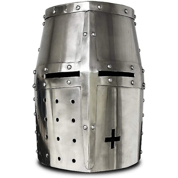 Medieval Templar Crusader Knight Armor Helmet Silver Antique with Stand