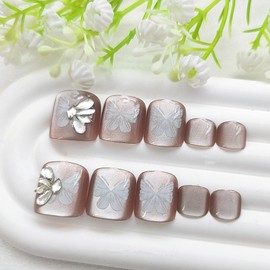 Short Press on Toenails Square Cat Eye Fake Toenails with White Butterfly Rhinestones Designs Glitter Glue on Toenails Light Brown Full Cover Stick on Toenails for Women Girls 24Pcs