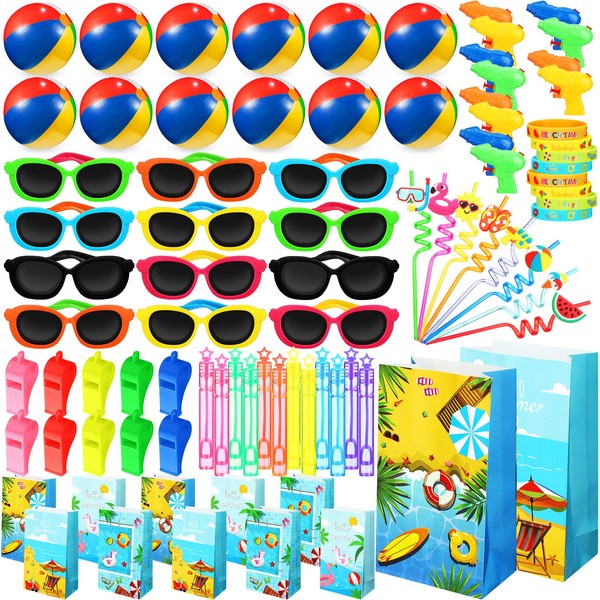 96 Pcs Pool Party Favors Inflatable Beach Balls Mini Bubbles Wand Whistle Kids Sunglasses Bulk Drinking Straws Water Gun Bracelets Goodie Bag Stuffers Summer Birthday Party Supplies Decorations Gifts