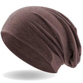 Hatstar Women’s Beanie Hat with Elegant Appliqué Rhinestone Studs, Girls’ Hat Elastic, Long Slouch Beanie, Light and Soft - Brown mottled