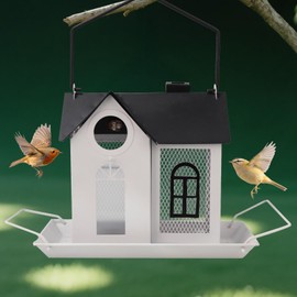 Minwolf Solar Bird Feeder for Outdoors – White Metal Hanging Bird Feeder with Solar Light, Decorative Bird House Feeder for Cardinals, Finches, and Wild Birds, Weatherproof Backyard Garden Decor