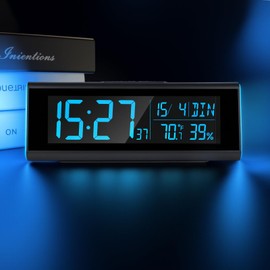 Seutgjie LED Digital Clock, Digital Desk Clock with RGB Light VA Display Seconds Date Week Temperature Humidity Display DST Function Dual Alarm Snooze Mode for Bedroom Office Modern Grey
