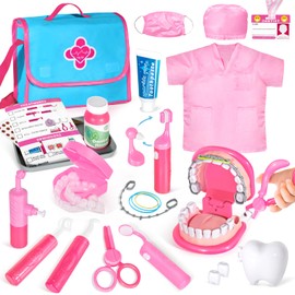 ULOVEME Pink Doctor Kit for Toddlers 3-5 with Costume - Dentist Kit for Kids with Teeth Model /Removable Teeth /Braces /Retainer - Toys for 4 Year Old Girls - Preschool Dramatic Play (Pink)