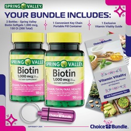 ChoiceBundle Spring Valley Biotin Softgels 1000mcg Dietary Supplement for Hair Skin Nail Health 150 Ct 2 pk Choice Bundle (300 Total) + Vitamin Guide & Pill Container (4 Items)!